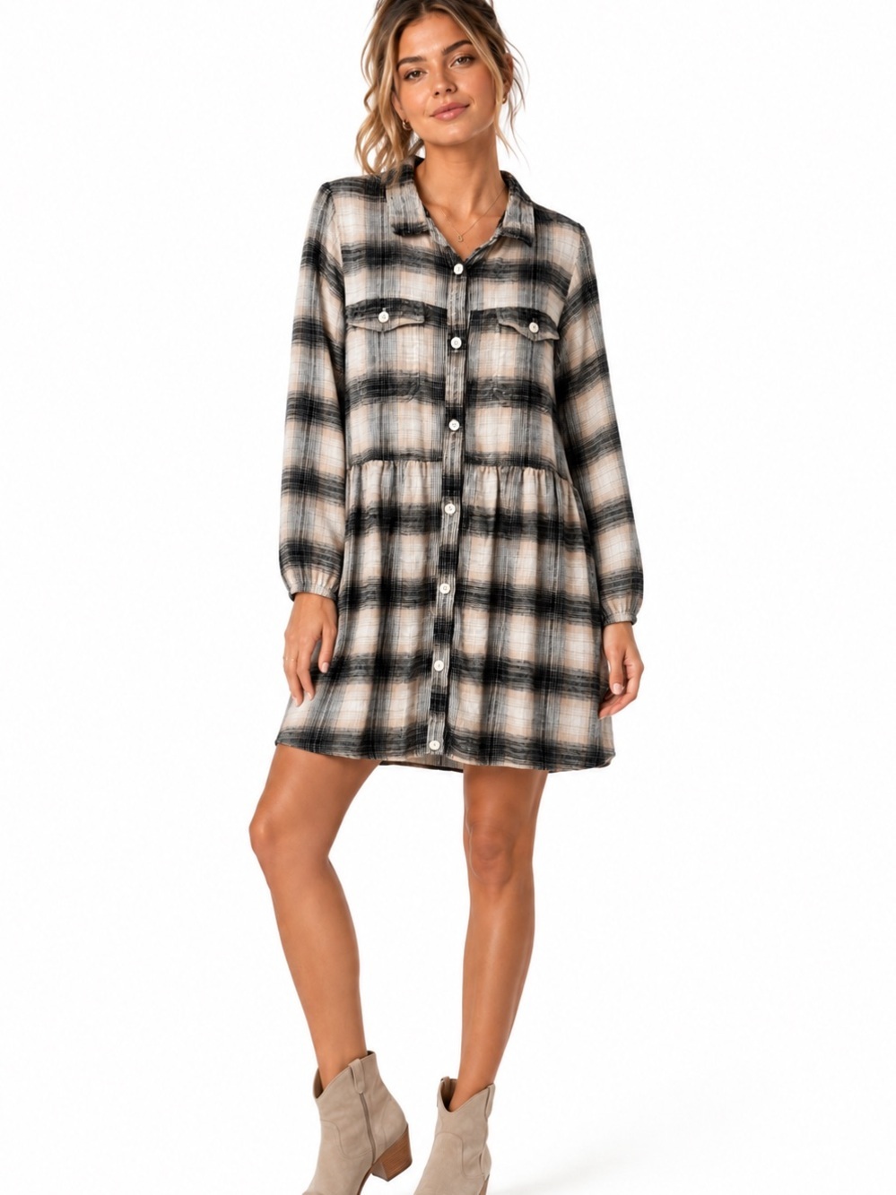 American Eagle Plaid Babydoll Shirt Dress XL Long Sleeve Button Front boho